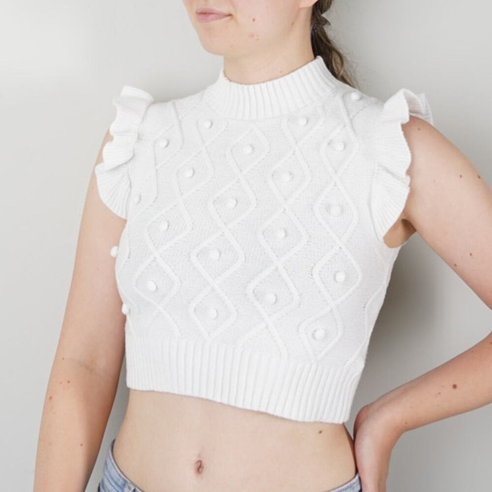 Vestique Cropped Sweater Vest Top Ruffle Cap Sleeves Pompom Jacquard Mock Neck M
